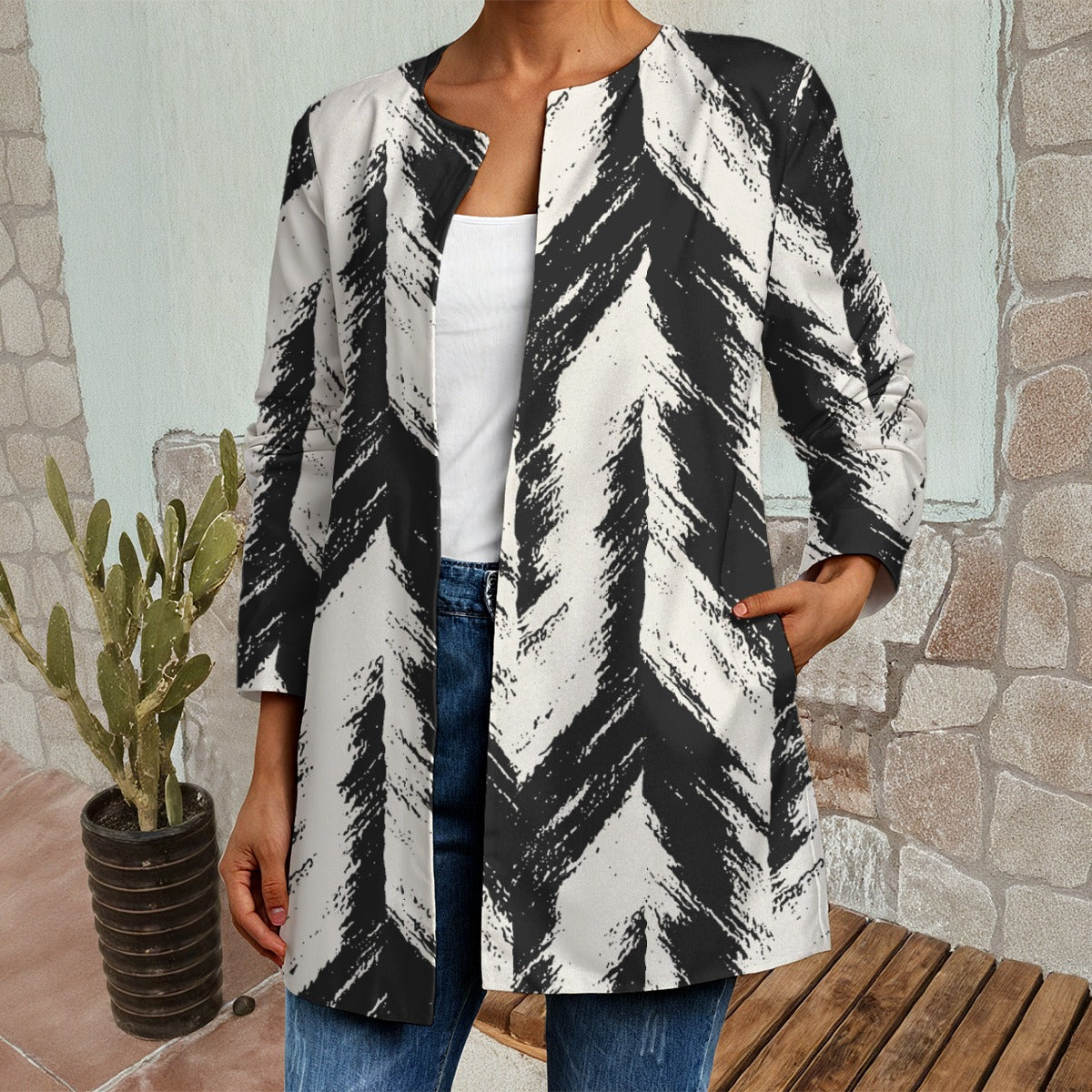 Ptahra B Women's White/Black Design Faux Sweater Cardigan