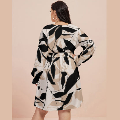 Ptahra B Women's Black/Beige Leaf V-neck Dress with Waistband