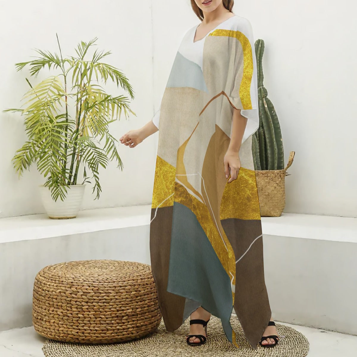 Ptahra B Women's Elegant Imitation Silk V-neck Kaftan Robe