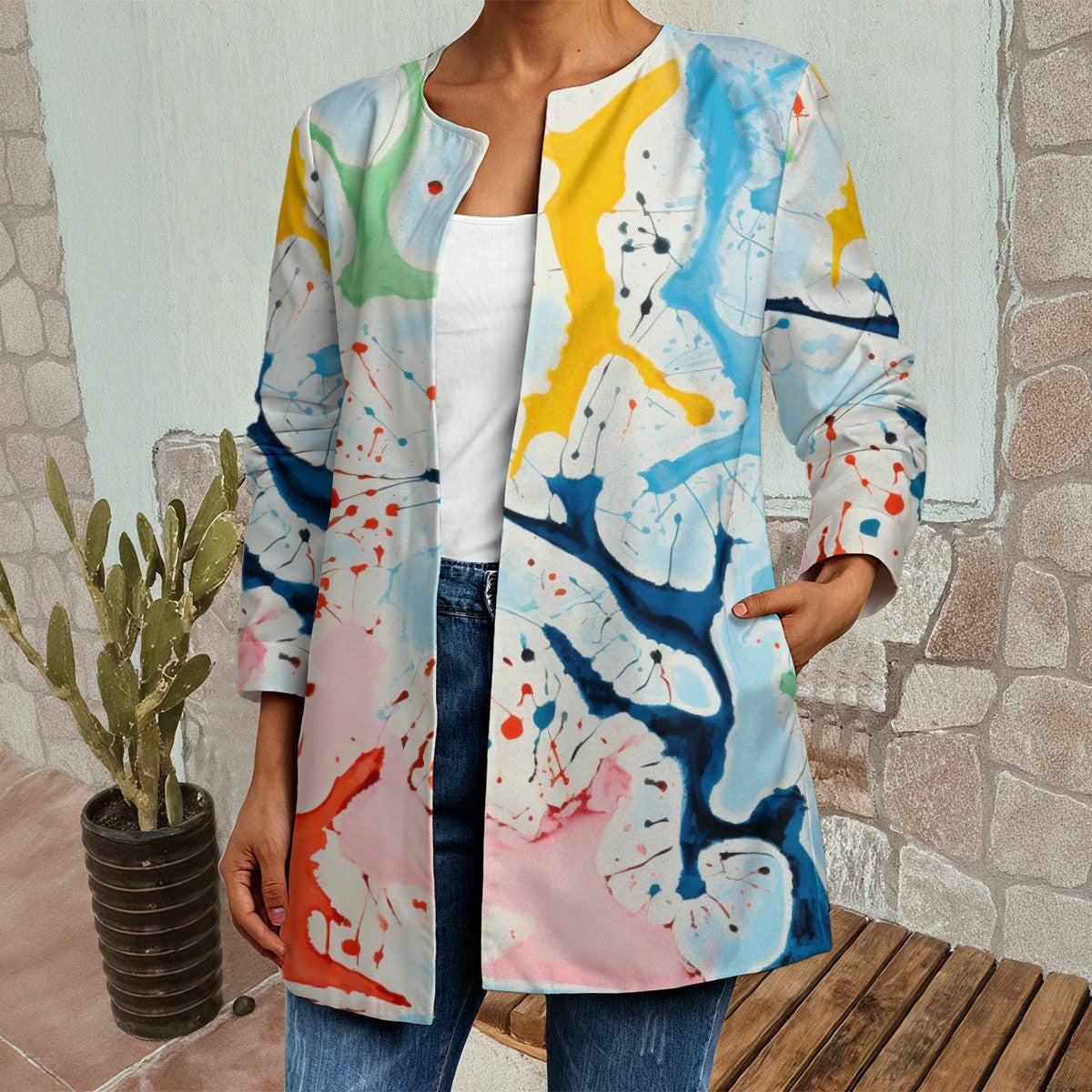 Ptahra B Women's Splash Art Faux Sweater Cardigan