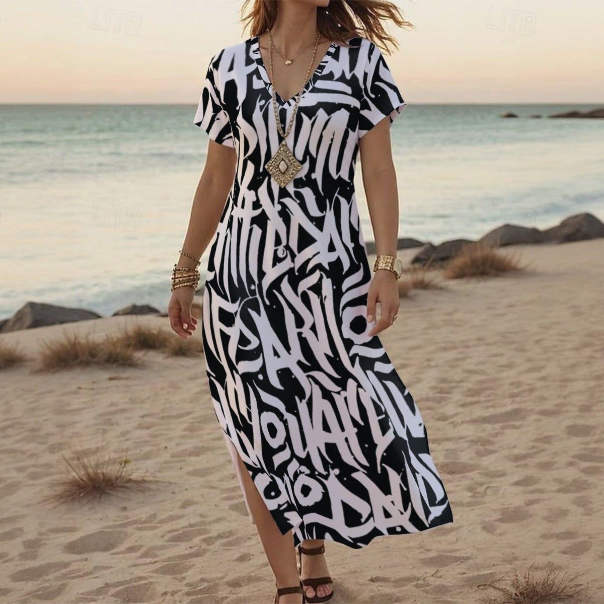 Ptahra B Women's Black/White Writing V-neck Dress With Side Slit