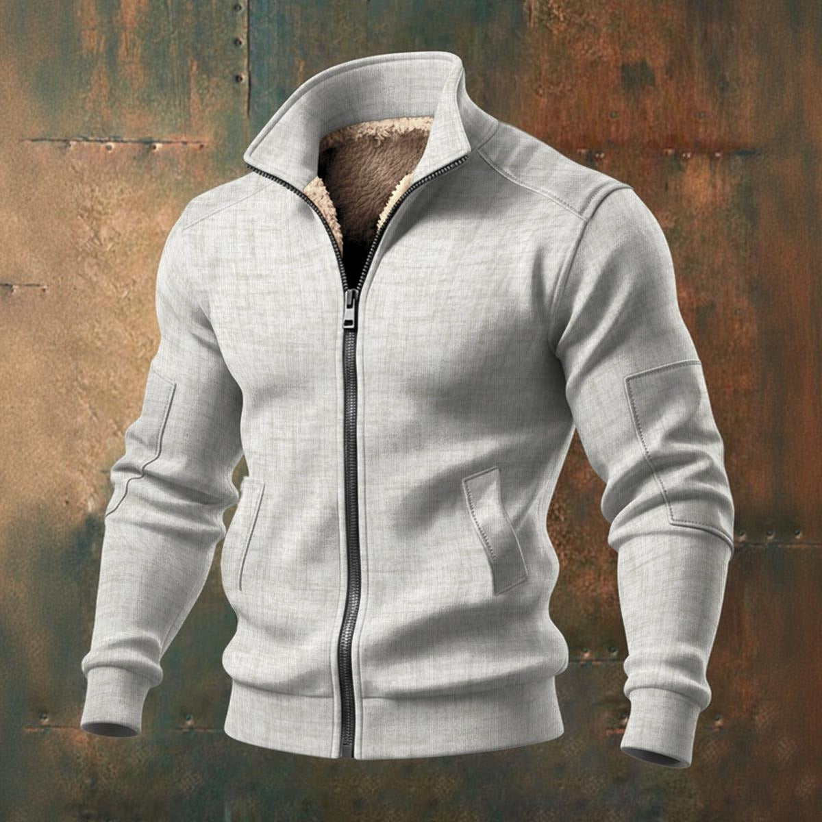 Ptahra Men's Light Grey Thick Knit Fleece Jacket
