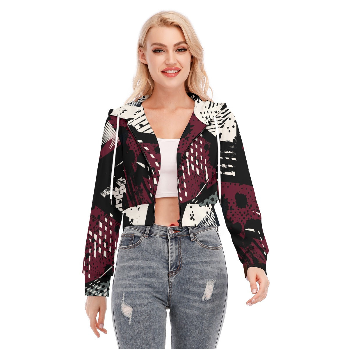 Ptahra B Women's Black/Burgundy Red/White Crop Top Hoodie with Zipper Closure