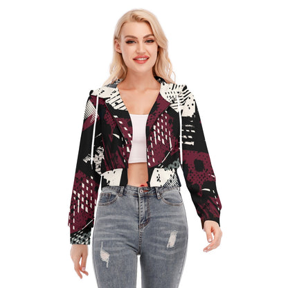 Ptahra B Women's Black/Burgundy Red/White Crop Top Hoodie with Zipper Closure