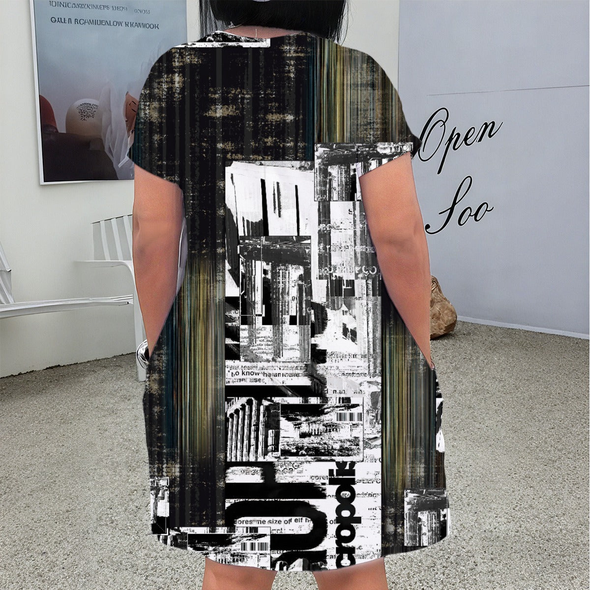 Ptahra B Women's Black/Green/White Graphic Word Art V Neck Short Sleeve Dress/Plus Size