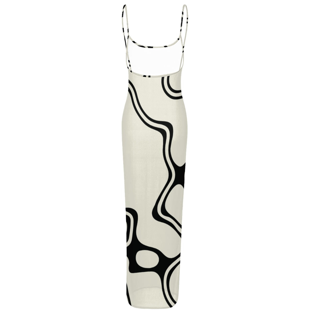 Ptahra B Women's Off White/Black Curvy Line Sheer Mesh Backless Spaghetti Strap Maxi Dress