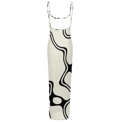 Ptahra B Women's Off White/Black Curvy Line Sheer Mesh Backless Spaghetti Strap Maxi Dress