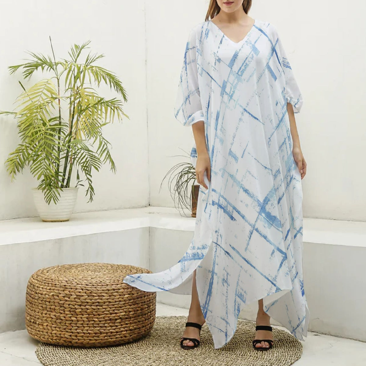 Ptahra B Women's White/Blue Line Pattern Imitation Silk V-neck Kaftan Robe