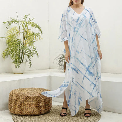 Ptahra B Women's White/Blue Line Pattern Imitation Silk V-neck Kaftan Robe