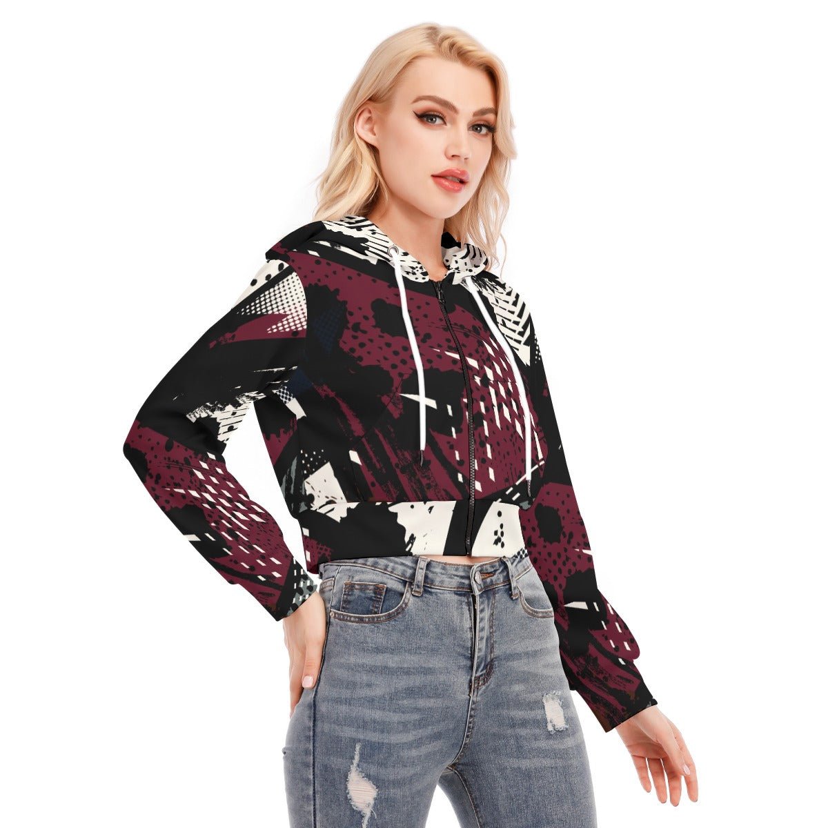 Ptahra B Women's Black/Burgundy Red/White Crop Top Hoodie with Zipper Closure