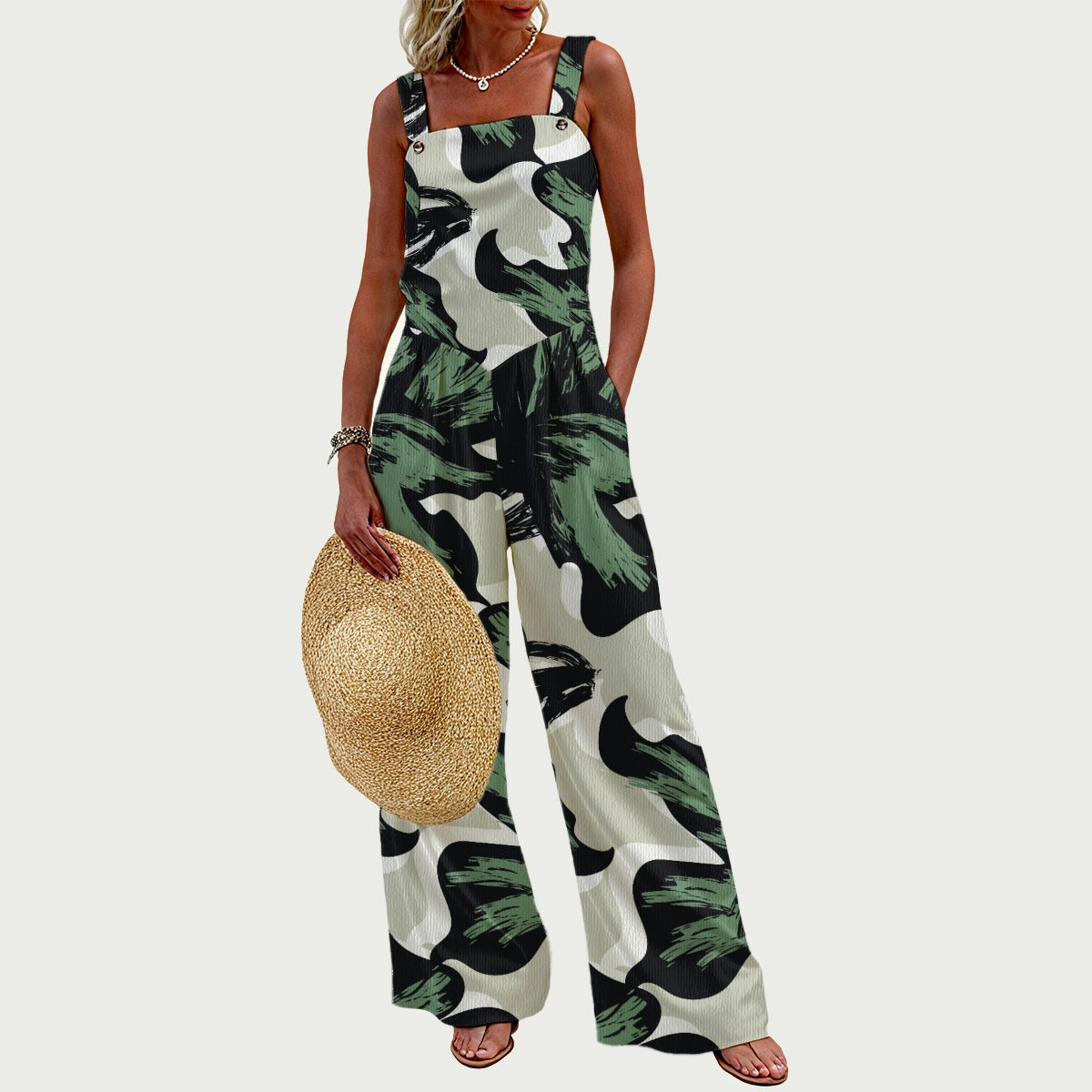 Women's Ptahra B Green Leaf Pattern Wide-Leg Jumpsuit