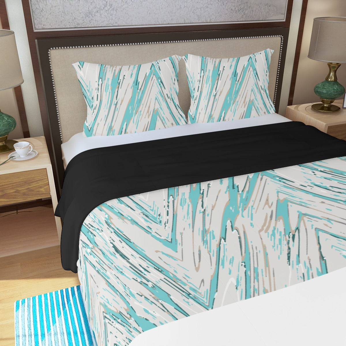 Ptahra B Turquoise Zigzag Wood Pattern Three Piece Duvet Bedding Set