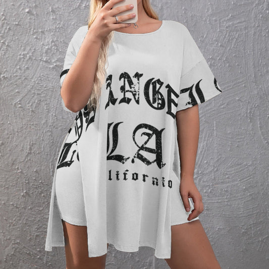 Ptahra B Women's Los California White Drop-Shoulder T-Shirt with Side Split and Shorts