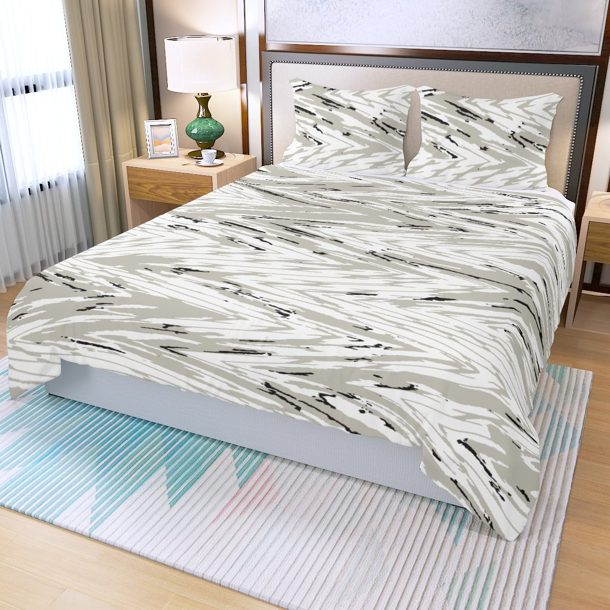 Ptahra B Grey/White Zigzag Art Style Three Piece Duvet Bedding Set