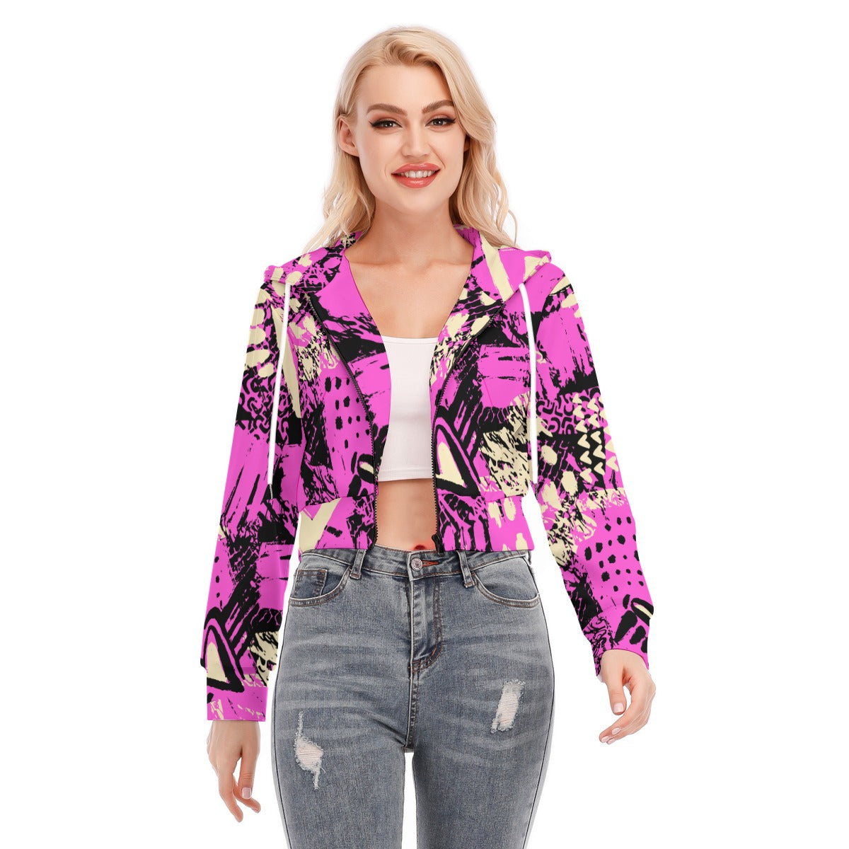 Ptahra B Purple/Black/Light Beige Women's Crop Top Hoodie with Zipper Closure