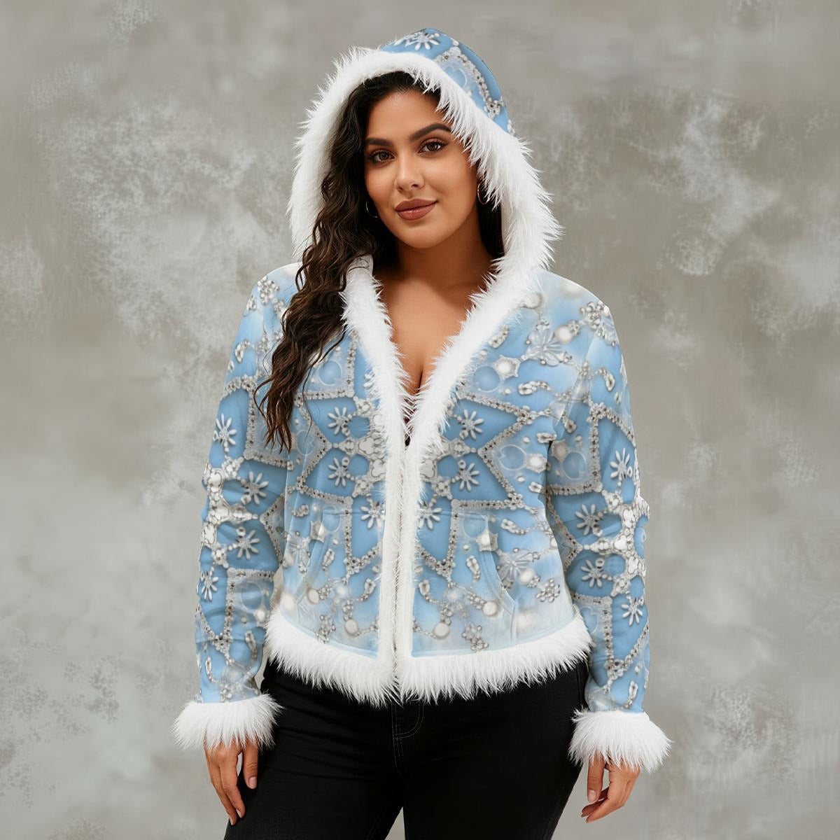 Ptahra B Women's Holiday Baby Blue Snow Flake Faux Fur Trim Hooded Jacket | Velvet