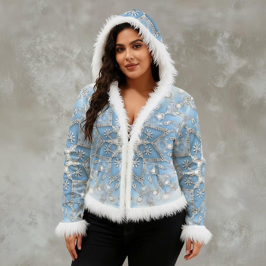 Ptahra B Women's Holiday Baby Blue Snow Flake Faux Fur Trim Hooded Jacket | Velvet