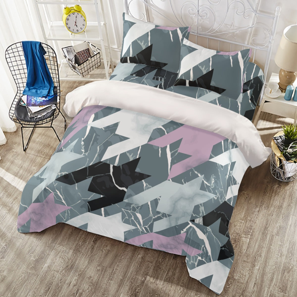 Ptahra B Grey/Purple/Black with White Four-piece Duvet Cover Set