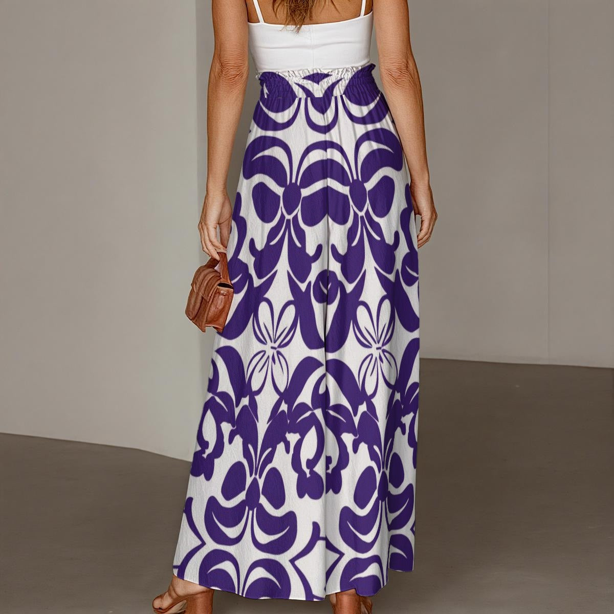 Ptahra Women's White/Purple Elegant Design Ruffled Wide-Leg Pants