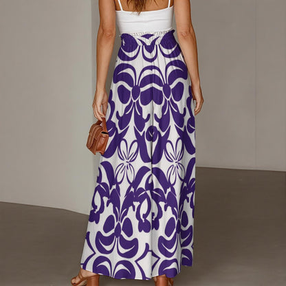Ptahra Women's White/Purple Elegant Design Ruffled Wide-Leg Pants
