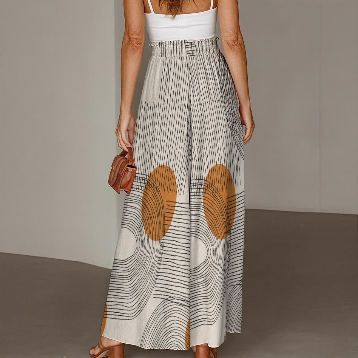 Ptahra Women's Light Brown Circle/Black Line Design Ruffled Wide-Leg Pants