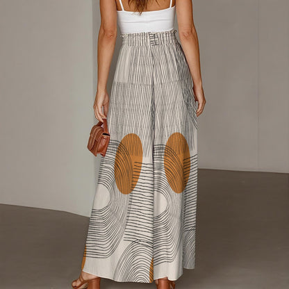 Ptahra Women's Light Brown Circle/Black Line Design Ruffled Wide-Leg Pants