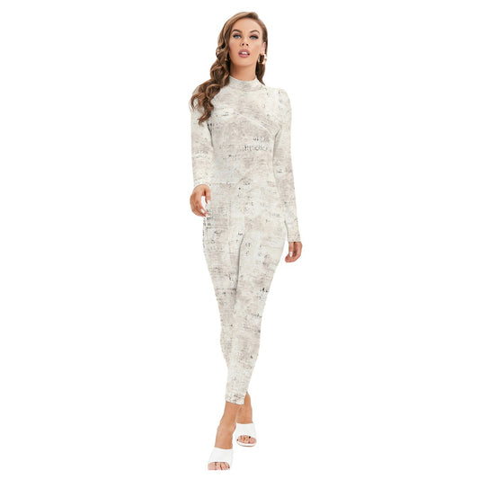 Ptahra B Women's Off-White Vintage look Long-sleeved High-neck Jumpsuit with Zipper