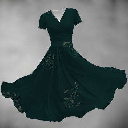 Ptahra Women's Forest Green Floral Short Sleeve V Neck Midi Dress