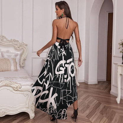 Ptahra Women’s Elegant Mesh Lace/Black/White Graffiti Design Evening Dress