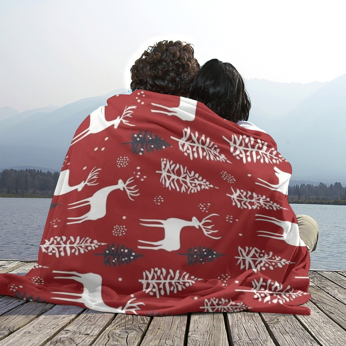 Ptahra Burgundy Red Christmas Deer Single-Side Flannel Blanket