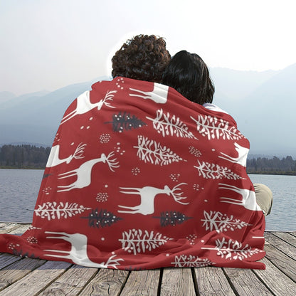 Ptahra Burgundy Red Christmas Deer Single-Side Flannel Blanket