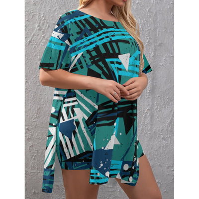 Ptahra B Women's Multi-Color/Triangle Drop-Shoulder T-Shirt with Side Split and Shorts