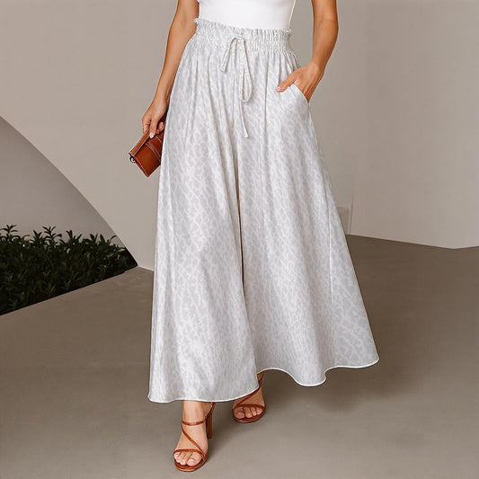 Ptahra Women's Grey Pattern Ruffled Wide-Leg Pants