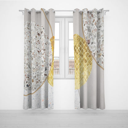 Ptahra B Grey/Stone/Gold Circle design Grommet Curtains