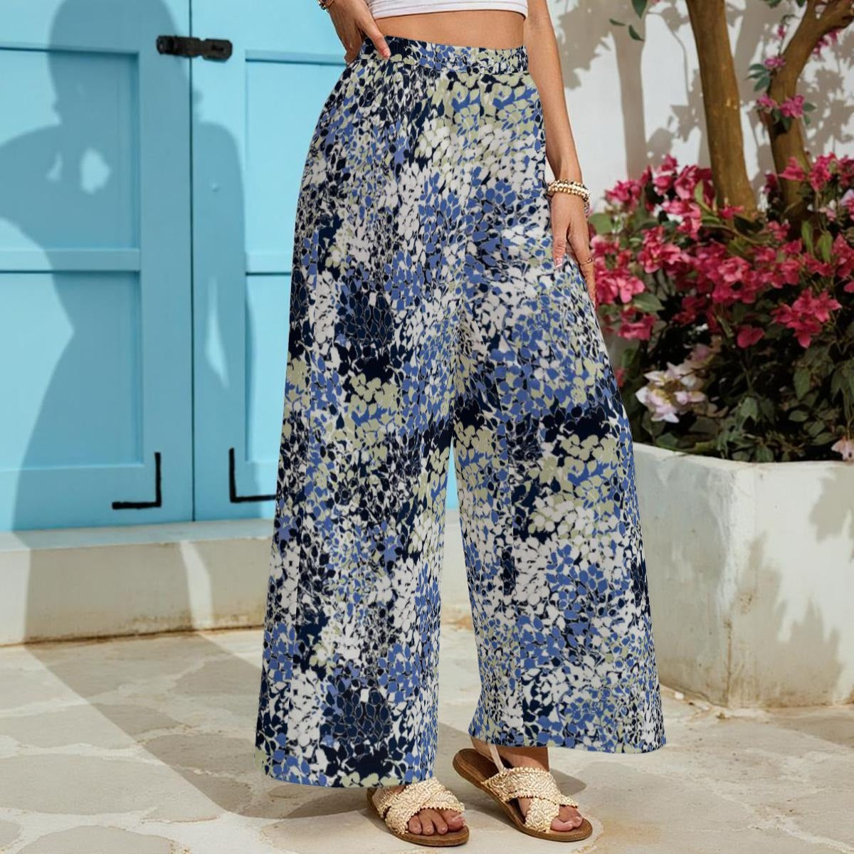 Ptahra Women's Blue Multi-Design Lightweight Wide-Leg Pants With Pockets
