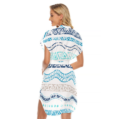 Ptahra B Women's White/Blue Beach feel Stand-up Collar Casual Dress with Belt