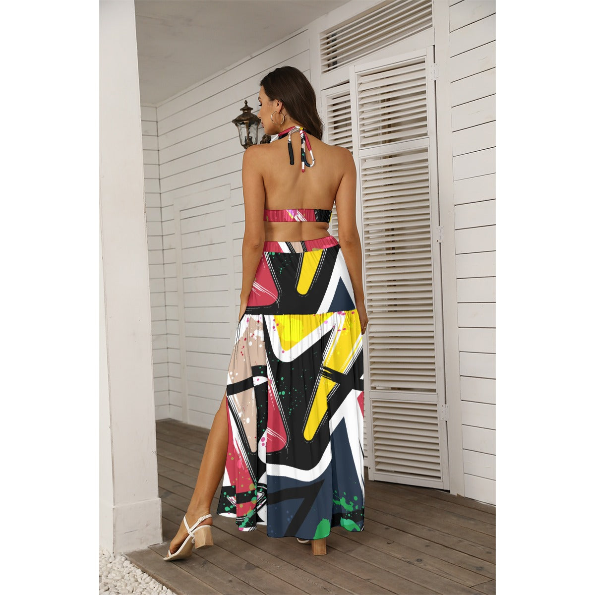 Ptahra B Women's Multi-Paint Design Tie Back Wrap Dress