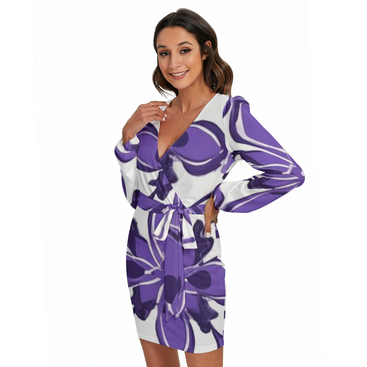 Ptahra B White/Purple Floral Women's Long Sleeve Dress with Waist Belt