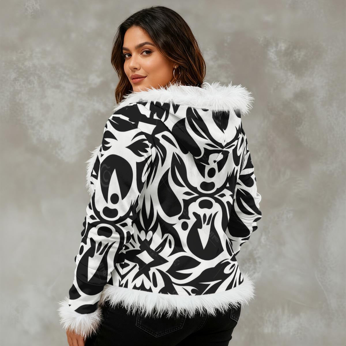 Ptahra Women's White/Black Design Faux Fur Trim Hooded Jacket | Velvet