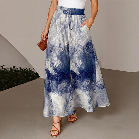 Ptahra Women's White/Blue Smudge Effect Ruffled Wide-Leg Pants