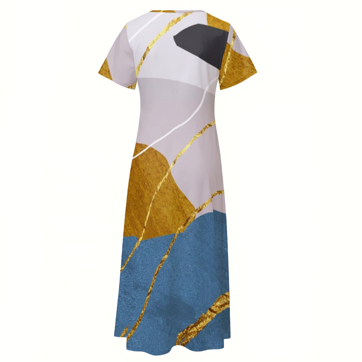 Ptahra B Women's White/Blue/Mustard Yellow with Gold V-neck Dress With Side Slit