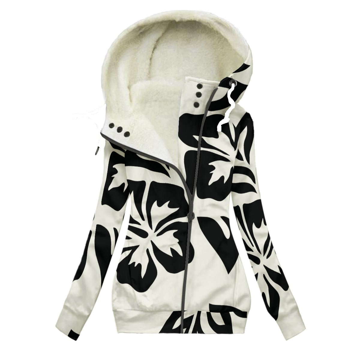 Ptahra Women's White/Black Floral Long Jacket With Fleece Lining