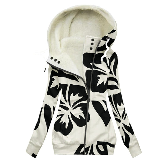 Ptahra Women's White/Black Floral Long Jacket With Fleece Lining