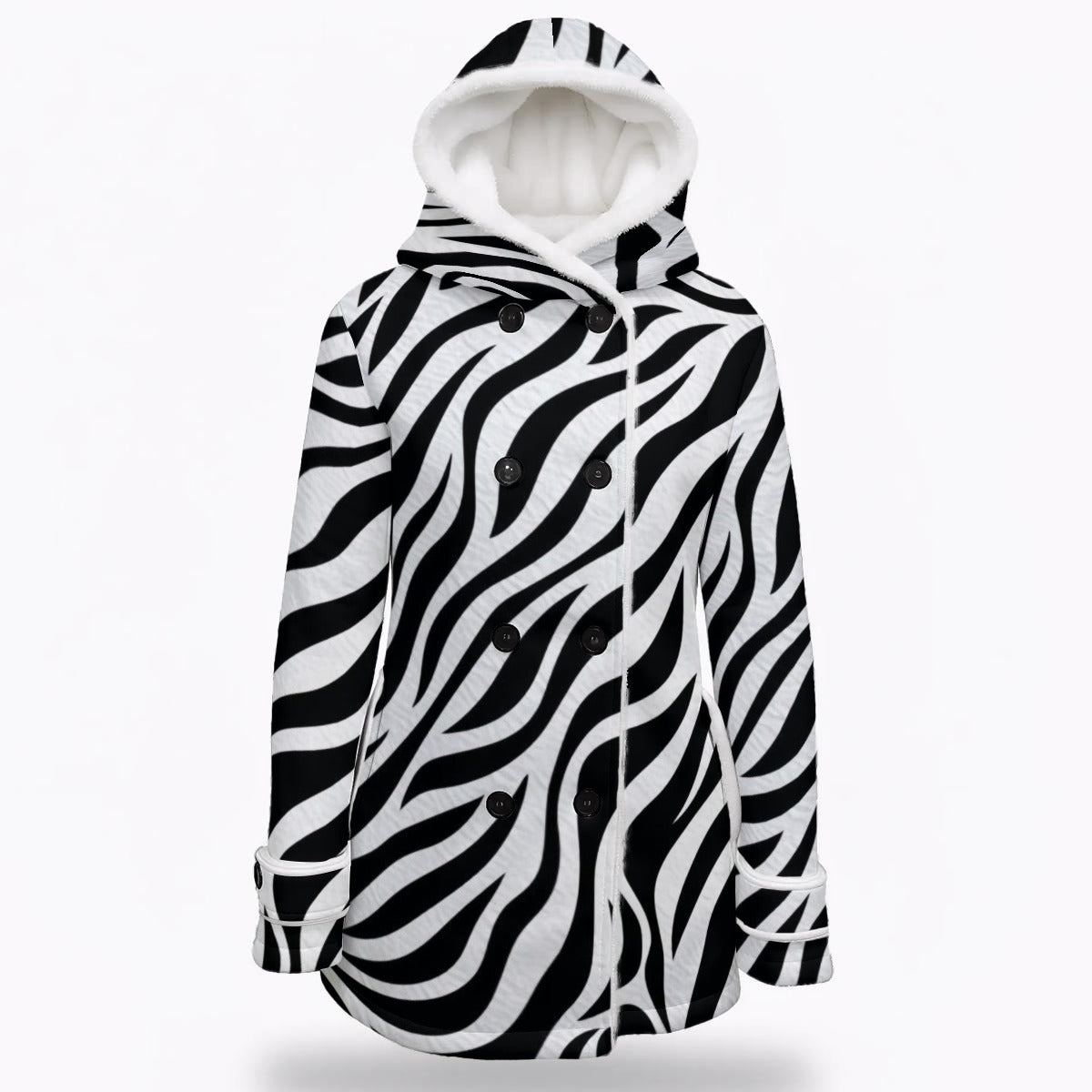 Ptahra Women's White/Black Zebra Pattern Hooded Double-Breasted Winter Coat With Fleece