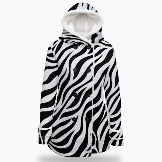 Ptahra Women's White/Black Zebra Pattern Hooded Double-Breasted Winter Coat With Fleece