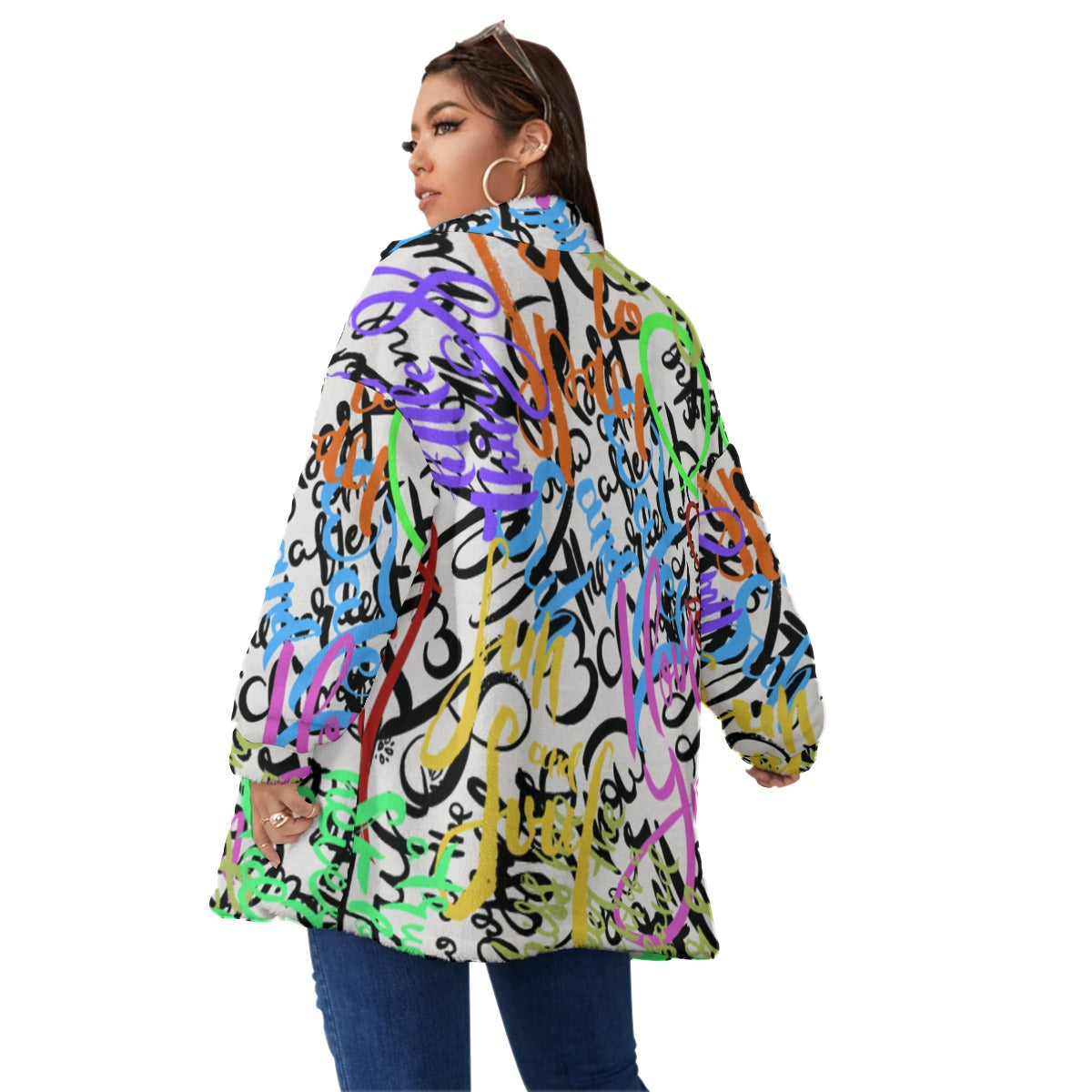 Ptahra B Graphic Borg Fleece Stand-up Collar Coat With Zipper Closure(Plus Size)