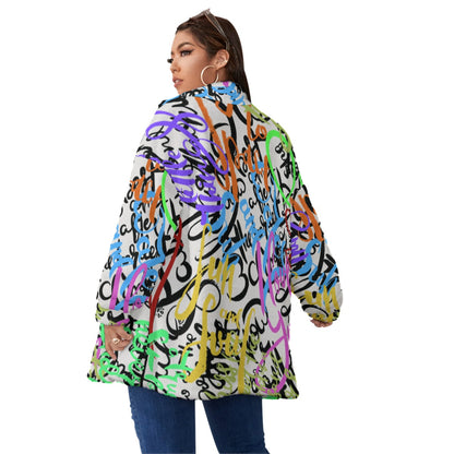 Ptahra B Graphic Borg Fleece Stand-up Collar Coat With Zipper Closure(Plus Size)