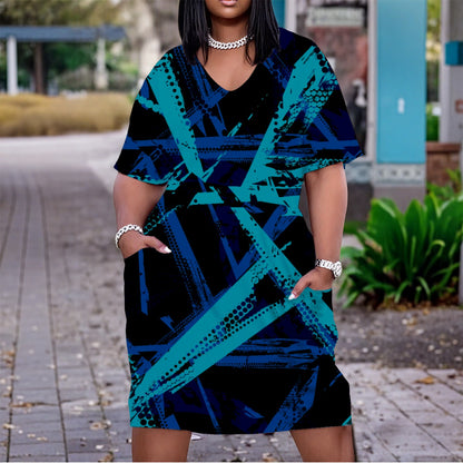 Ptahra B Women's Black/Turquoise/Blue Slash Pattern V Neck Short Sleeve Dress/Plus Size