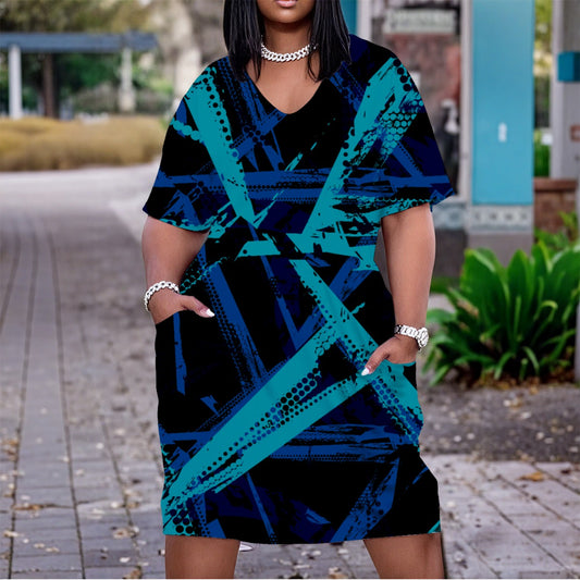 Ptahra B Women's Black/Turquoise/Blue Slash Pattern V Neck Short Sleeve Dress/Plus Size