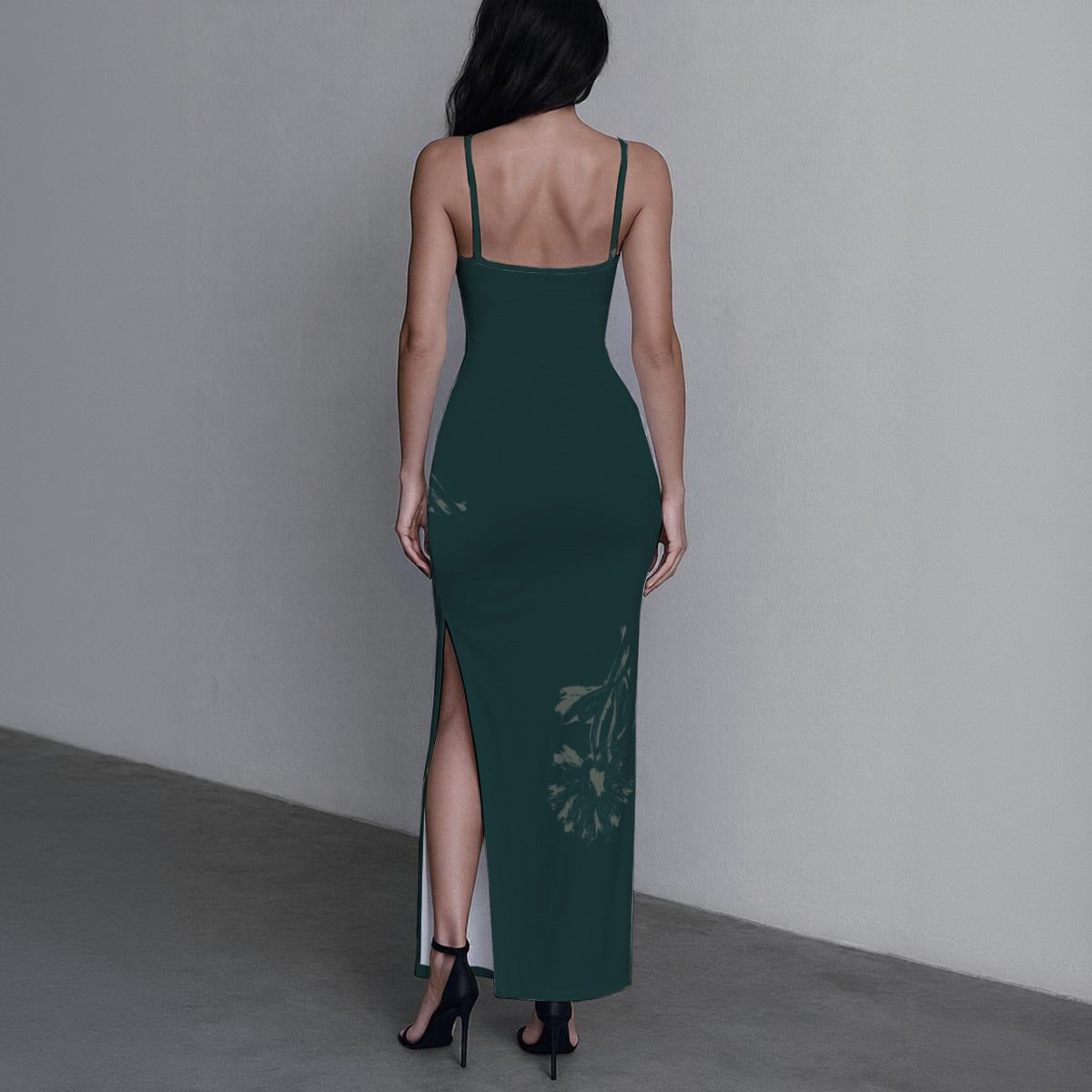 Ptahra B Women's Forest Green/Floral Long Dress with Slit